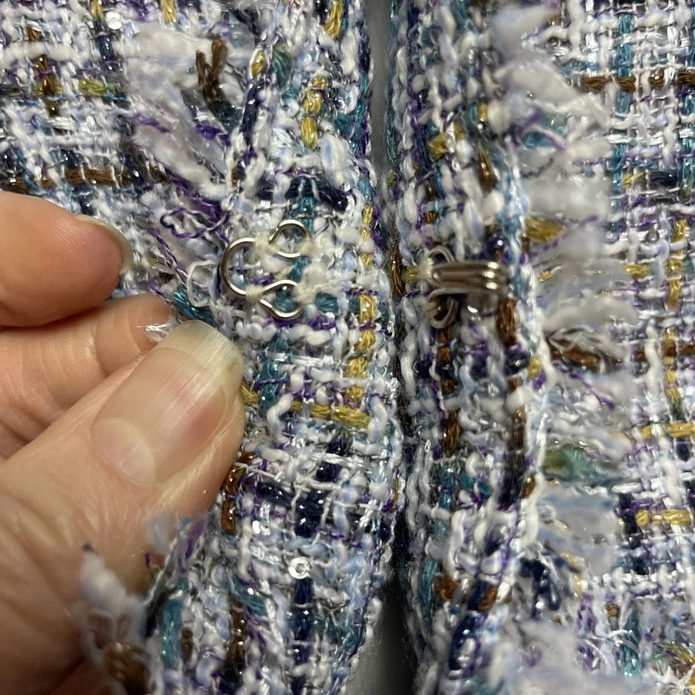 Nanette Lepore Nora‎ Boucle Jacket Womens L Blue Metallic Tweed Pearl Buttons - Picture 9 of 11